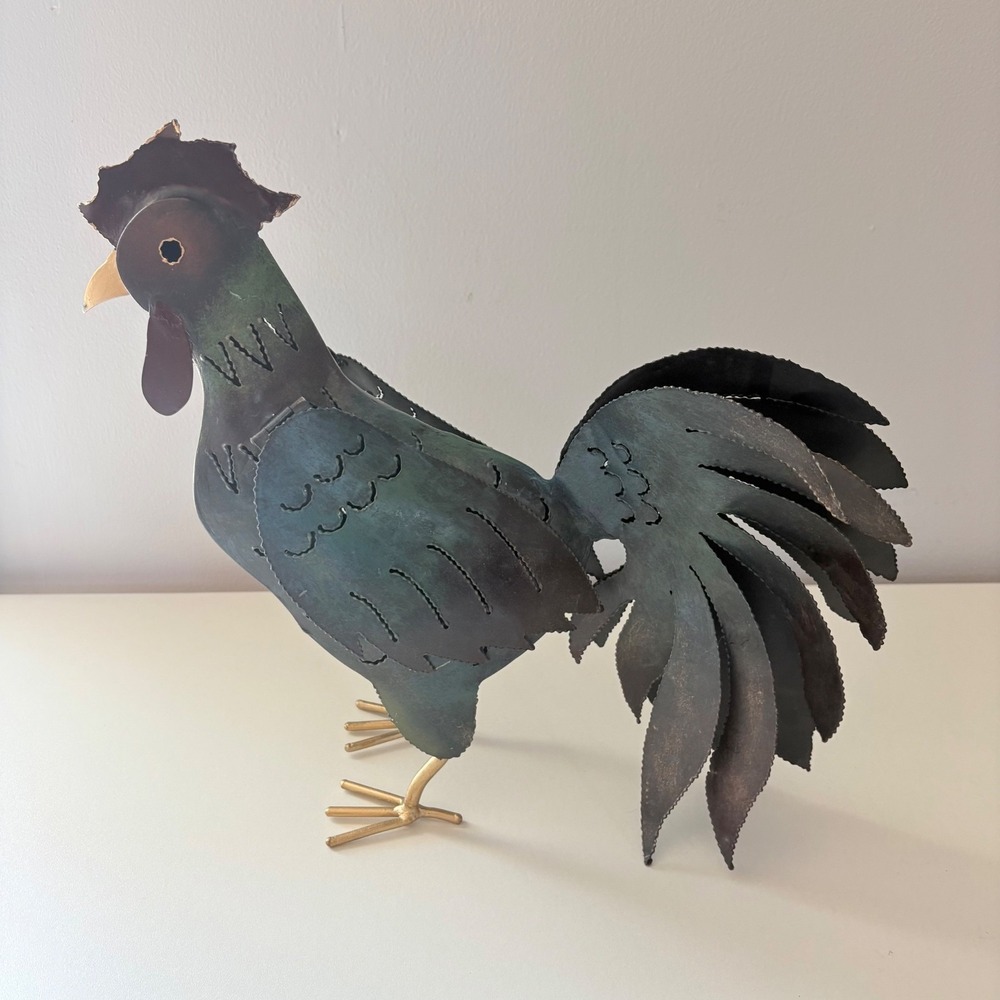 Rooster Tin Folk Art Rustic Farmhouse Country Figurine  13.5" Tall Green Gold - Picture 3 of 7